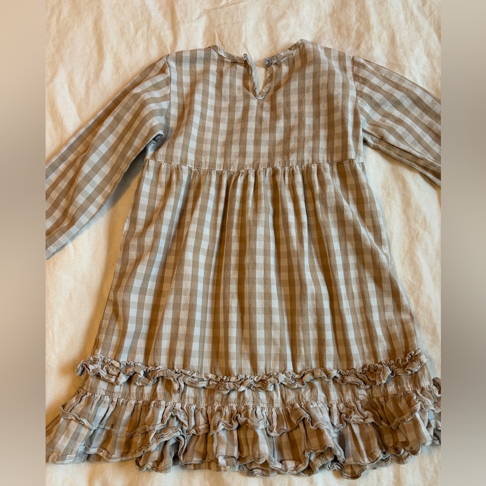 Girls Beige Gingham Long-Sleeve Ruffle Hem Dress